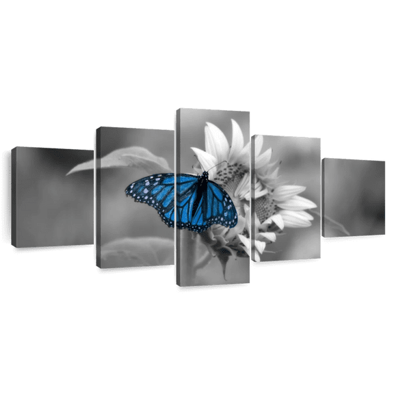 Elephant Stock Butterfly Pop Wall Art - Horizontal Multi Panel Canvas - 5 Pieceliving Room Wall Decor - Photography Animal Multi Panel - Gray And Blue Decor - 55" x 24"