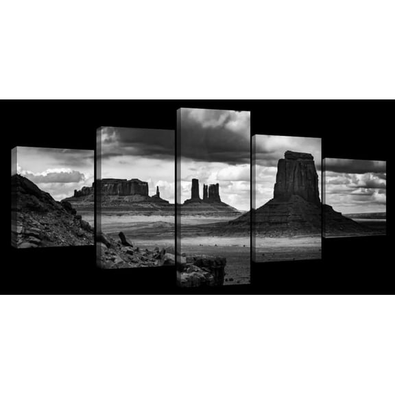 Elephant Stock Bw Monument Valley National Park Wall Art - Horizontal Multi Panel Canvas - 5 Pieceliving Room Wall Decor - Photography Nature Multi Panel - Black And Gray Decor - 29" x 12"