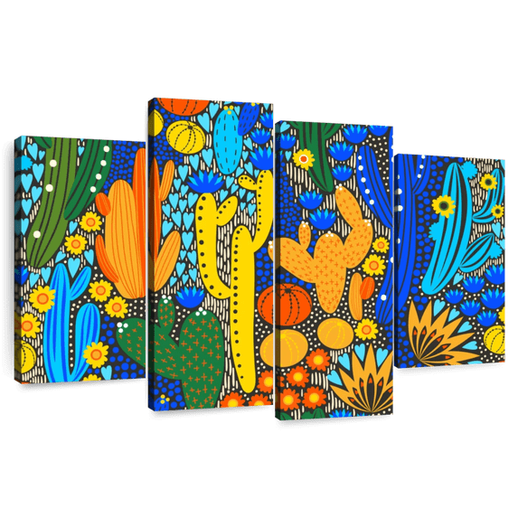 Elephant Stock Cactus Jumble Wall Art - Horizontal Multi Panel Canvas - Living Room Wall Decor - Floral And Botanical Multi Panel - Blue And Orange Decor - 43" x 27"