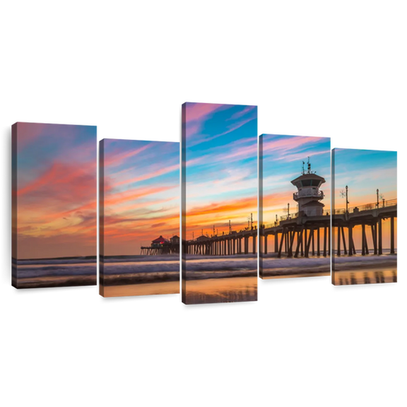 Elephant Stock California Beach Dock At Sunset Wall Art - Horizontal Multi Panel Canvas - 5 Pieceliving Room Wall Decor - Photography Nautical Multi Panel - Pink And Orange Decor - 94" x 48"