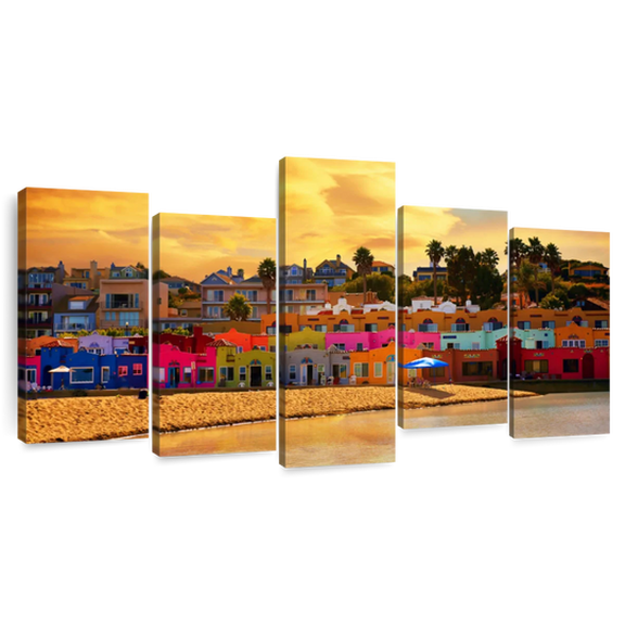 Elephant Stock Capitola Beach Wall Art - Horizontal Multi Panel Canvas - Living Room Wall Decor - Beach Multi Panel - Orange And Blue Decor - 49" x 24"
