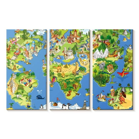Elephant Stock Cartoon Landmarks World Map Wall Art - Horizontal Multi Panel Canvas - Living Room Wall Decor - Map Multi Panel - Green And Yellow Decor - 23" x 14"