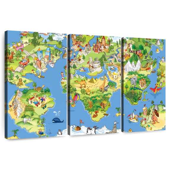 Elephant Stock Cartoon Landmarks World Map Wall Art - Horizontal Multi Panel Canvas - Living Room Wall Decor - Map Multi Panel - Green And Yellow Decor - 38" x 24"