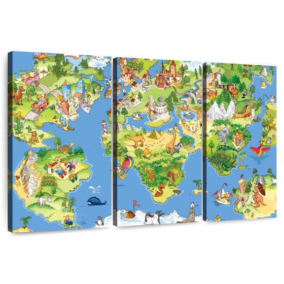Elephant Stock Cartoon Landmarks World Map Wall Art - Horizontal Multi Panel Canvas - Living Room Wall Decor - Map Multi Panel - Green And Yellow Decor - 74" x 48"