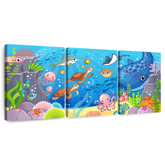 Elephant Stock Cartoon Underwater Animals Wall Art - Horizontal Multi Panel Canvas - Living Room Wall Decor - Kids And Nursery Multi Panel - Gray And Beige Decor - 74" x 36"
