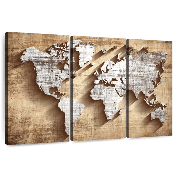 Elephant Stock Carved Wood World Map Wall Art - Horizontal Multi Panel Canvas - Living Room Wall Decor - Map Multi Panel - Brown And White Decor - 50" x 32"