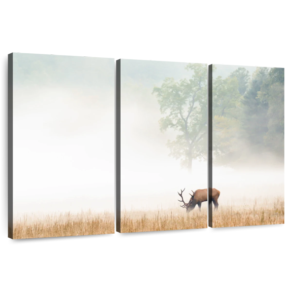 Elephant Stock Cataloochee Elk Wall Art - Horizontal Multi Panel Canvas - Living Room Wall Decor - Animal Multi Panel - Beige And Blue Decor - 33" x 20"