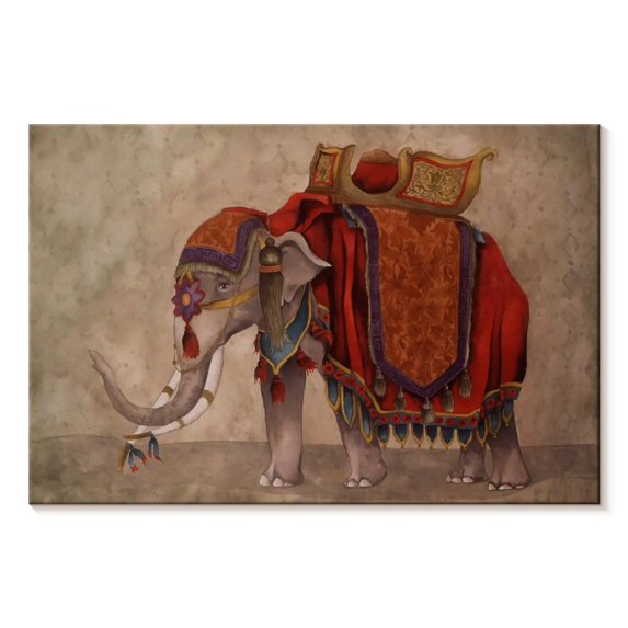 Elephant Stock Ceremonial Elephants I Wall Art - Horizontal Canvas Wall Art - Living Room Wall Decor - Animal Canvas - Red And Beige Decor By Elizabeth Medley - 51" x 34"