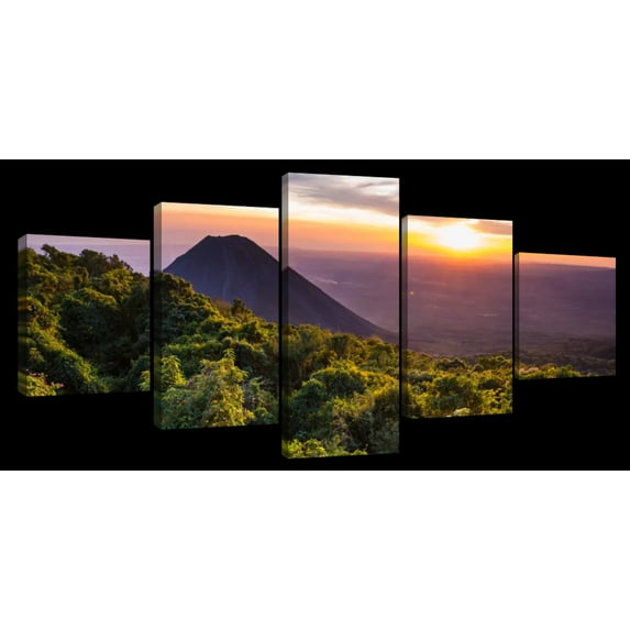 Elephant Stock Cerro Verde Volcano Wall Art - Horizontal Multi Panel Canvas - 5 Pieceliving Room Wall Decor - Photography Places Multi Panel - Green And Purple Decor - 42" x 19"