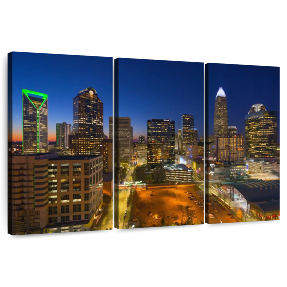 Elephant Stock Charlotte Night Skyline Wall Art - Horizontal Multi Panel Canvas - Living Room Wall Decor - Places Multi Panel - Orange And Gray Decor - 33" x 20"