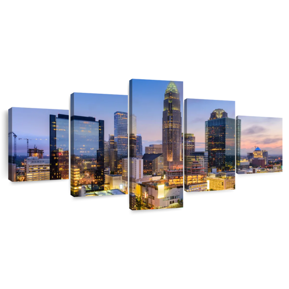 Elephant Stock Charlotte Wall Art - Horizontal Multi Panel Canvas - Living Room Wall Decor - City Multi Panel - Blue And Orange Decor - 74" x 34"