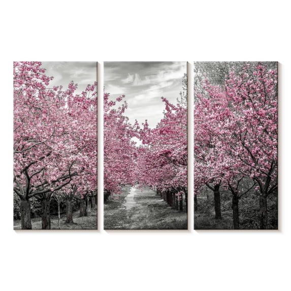 Elephant Stock Charming Cherry Blossom Alley Wall Art - Horizontal Multi Panel Canvas - Living Room Wall Decor - Floral And Botanical Multi Panel - Gray And Pink Decor By Melanie Viola - 23" x 14"