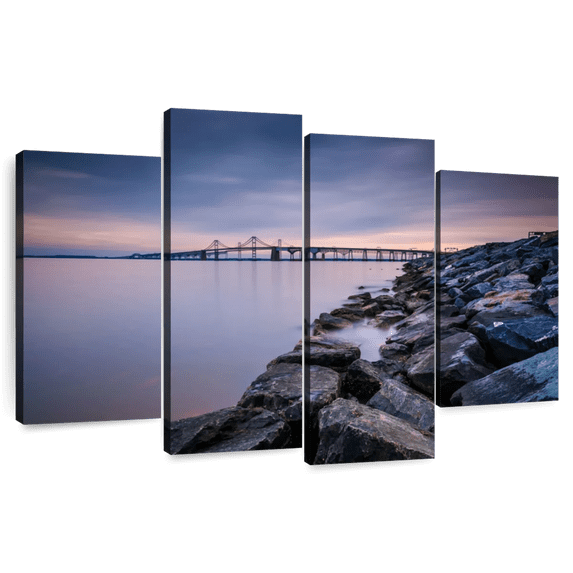 Elephant Stock Chesapeake Bay Bridge Evening Wall Art - Horizontal Multi Panel Canvas - Living Room Wall Decor - Architecture Multi Panel - Gray And Orange Decor - 43" x 27"