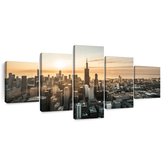 Elephant Stock Chicago City Wall Art - Horizontal Multi Panel Canvas - 5 Pieceliving Room Wall Decor - Photography Places Multi Panel - Blue And Orange Decor - 68" x 30"