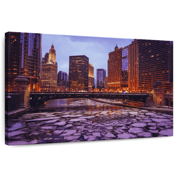 Elephant Stock Chicago Frozen River Cityscape Wall Art - Horizontal Canvas Wall Art - Living Room Wall Decor - Places Canvas - Brown And Gray Decor - 30" x 20"