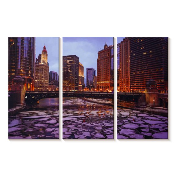 Elephant Stock Chicago Frozen River Cityscape Wall Art - Horizontal Multi Panel Canvas - Living Room Wall Decor - Places Multi Panel - Brown And Gray Decor - 50" x 32"