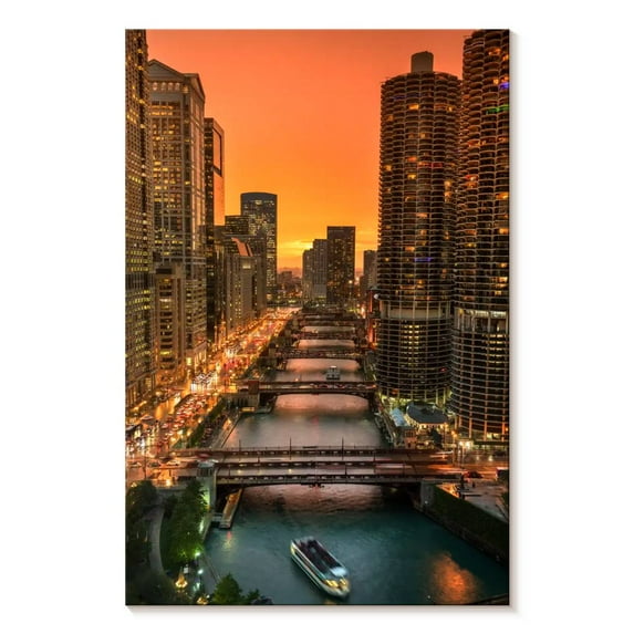 Elephant Stock Chicago River Wall Art - Vertical Canvas Wall Art - Living Room Wall Decor - Places Canvas - Orange And Teal Decor - 24" x 36"