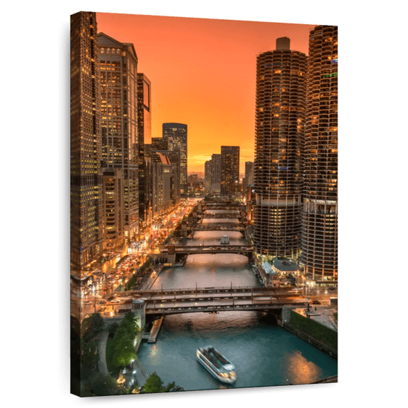 Elephant Stock Chicago River Wall Art - Vertical Canvas Wall Art - Living Room Wall Decor - Places Canvas - Orange And Teal Decor - 30" x 45"