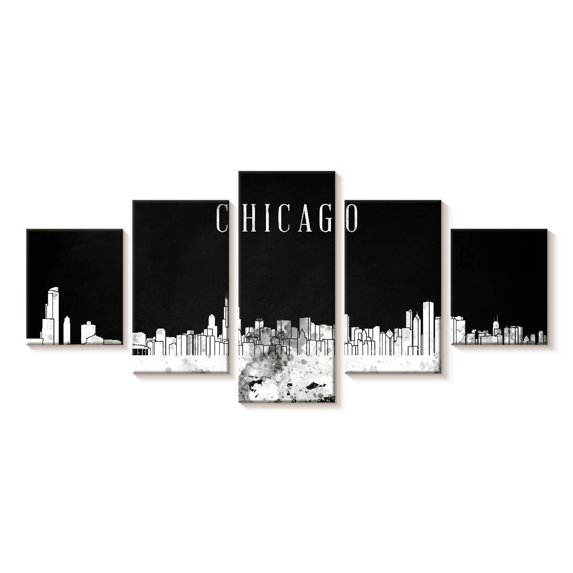 Elephant Stock Chicago Skyline Bw Wall Art - Horizontal Multi Panel Canvas - Living Room Wall Decor - City Multi Panel - Black And Gray Decor - 29" x 12"