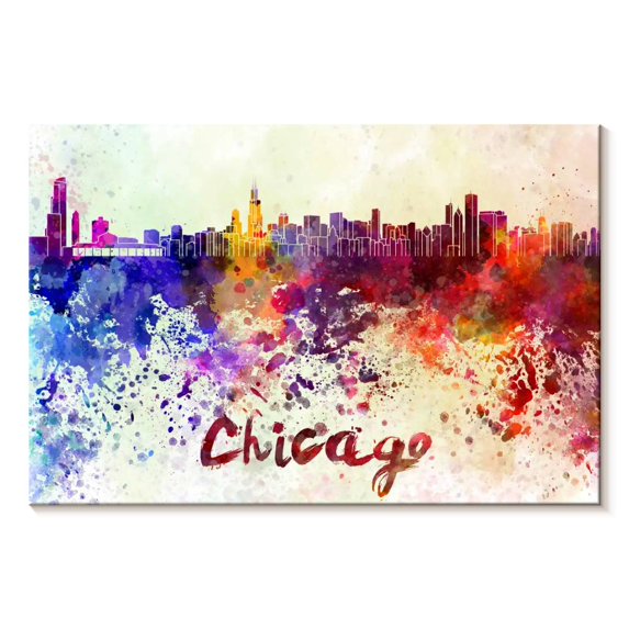 Elephant Stock Chicago Skyline Colors Wall Art - Horizontal Canvas Wall Art - Living Room Wall Decor - City Canvas - Red And Blue Decor - 39" x 26"