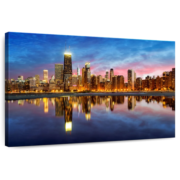 Elephant Stock Chicago Skyline Lights Wall Art - Horizontal Canvas Wall Art - Living Room Wall Decor - Places Canvas - Brown And Blue Decor - 12" x 8"