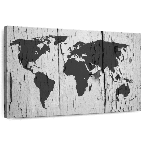 Elephant Stock Chipped Paint World Map Wall Art - Horizontal Canvas Wall Art - Living Room Wall Decor - Map Canvas - White And Black Decor - 12" x 8"