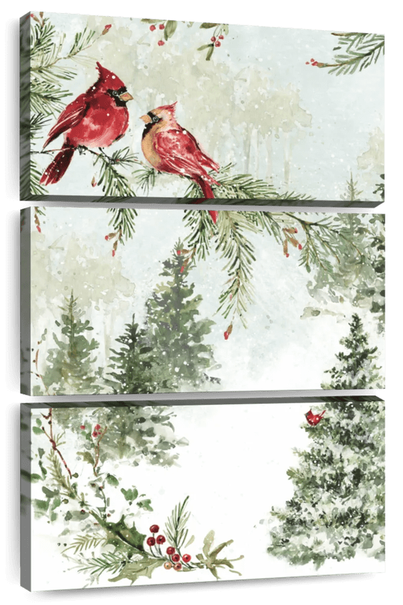 Christmas Cardinal Greenery Wall Art - Vertical Multi Panel Canvas - Living Room Wall Decor - Animal Multi Panel - Green And Red Decor By Susan Winget - 48" x 74"