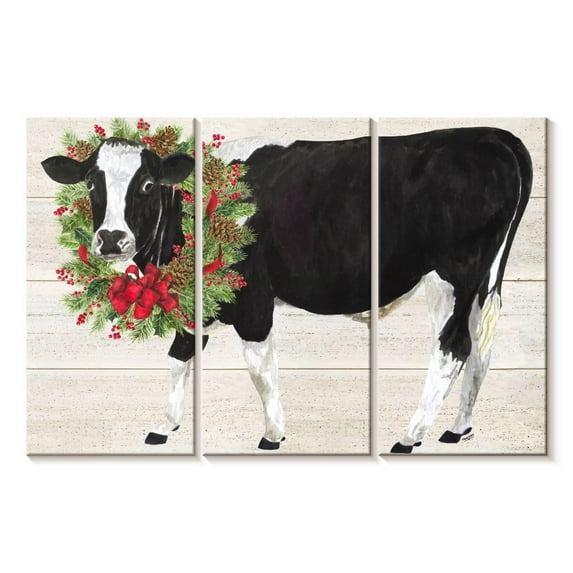 Elephant Stock Christmas On The Farm Iii - Cow With Wreath Wall Art - Horizontal Multi Panel Canvas - Dining Room Wall Decor - Holiday Multi Panel - Black And Beige Decor By Tara Reed - 38" x 24"