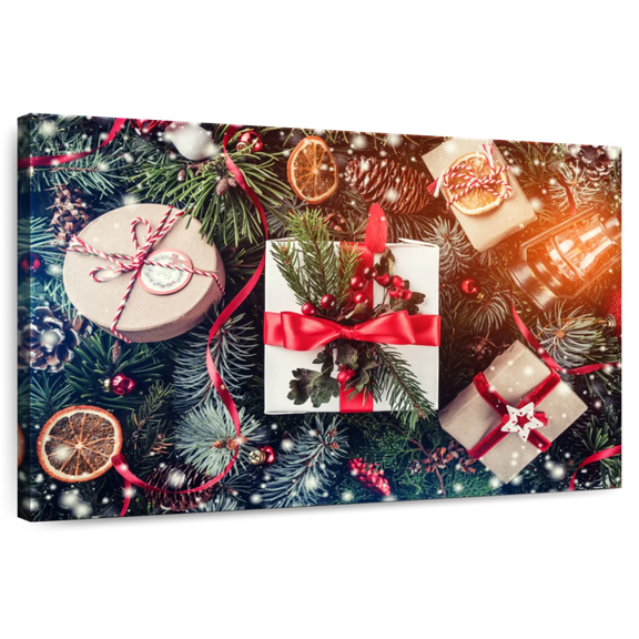 Elephant Stock Christmas Theme Wall Art - Horizontal Canvas Wall Art - Living Room Wall Decor - Holiday Canvas - Gray And Beige Decor - 12" x 8"