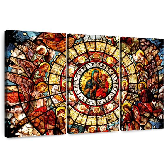 Elephant Stock Church Window Wall Art - Horizontal Multi Panel Canvas - Living Room Wall Decor - Religion And Spirituality Multi Panel - Yellow And Red Decor - 50" x 32"