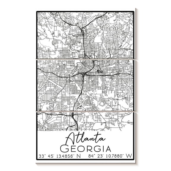 Elephant Stock City Map Of Atlanta Wall Art - Vertical Multi Panel Canvas - Living Room Wall Decor - Map Multi Panel - White And Black Decor - 36" x 57"