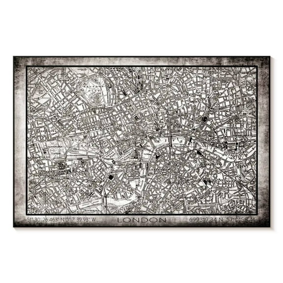 Elephant Stock City Map Of London Grunge Wall Art - Horizontal Canvas Wall Art - Living Room Wall Decor - Map Canvas - Gray And Beige Decor - 12" x 8"