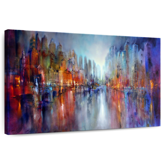 Elephant Stock City On The River Ii Wall Art - Horizontal Canvas Wall Art - Living Room Wall Decor - Abstract Canvas - Blue And Red Decor By Annette Schmucker - 48" x 32"