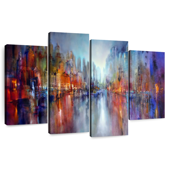 Elephant Stock City On The River Ii Wall Art - Horizontal Multi Panel Canvas - Living Room Wall Decor - Abstract Multi Panel - Blue And Red Decor By Annette Schmucker - 36" x 22"