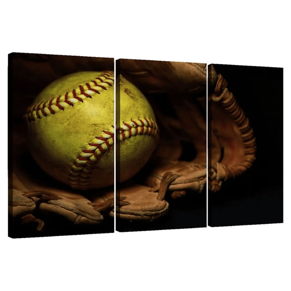 Elephant Stock Classic Softball Wall Art - Horizontal Multi Panel Canvas - Living Room Wall Decor - Sports Multi Panel - Brown And Red Decor - 74" x 48"