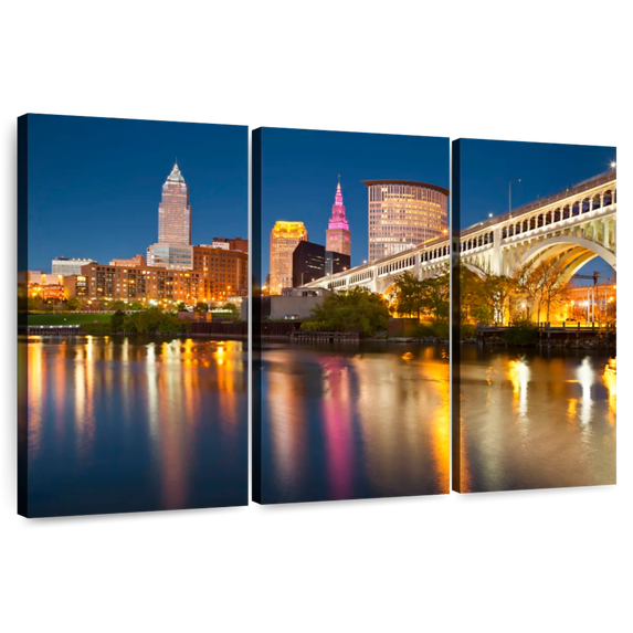 Elephant Stock Cleveland Downtown Wall Art - Horizontal Multi Panel Canvas - Living Room Wall Decor - Places Multi Panel - Blue And Orange Decor - 65" x 42"