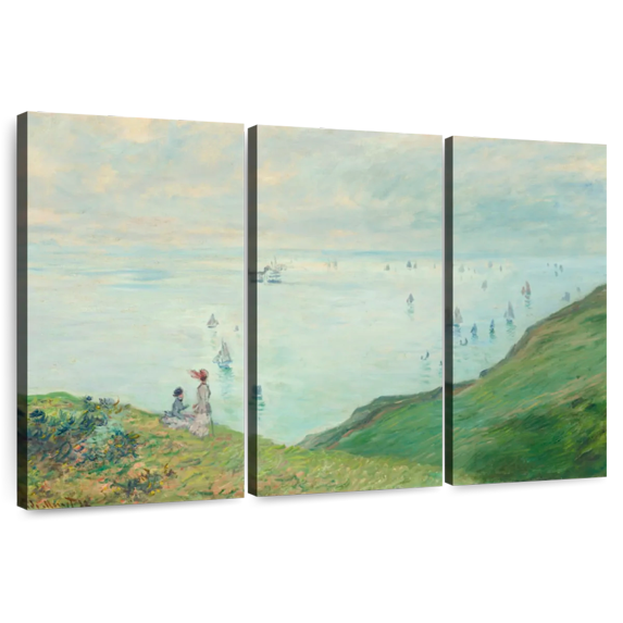 Elephant Stock Cliffs At Pourville 1882 Wall Art - Horizontal Multi Panel Canvas - Living Room Wall Decor - Beach Multi Panel - Gray And Blue Decor By Claude Monet - 45" x 28"