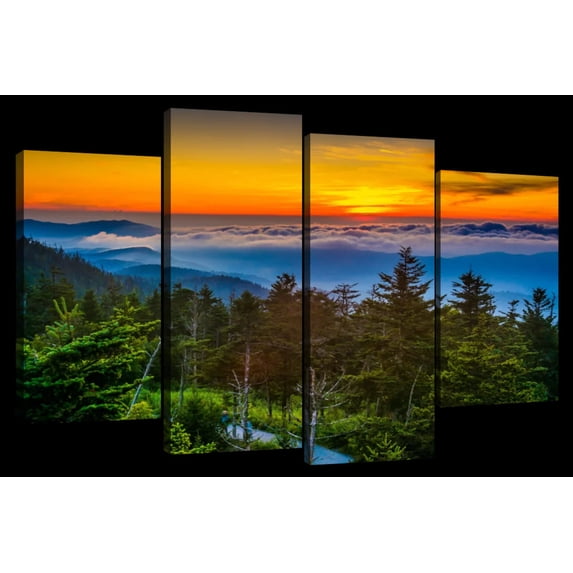 Elephant Stock Clingmans Dome Dramatic Sunset Wall Art - Horizontal Multi Panel Canvas - 4 Pieceliving Room Wall Decor - Photography Nature Multi Panel - Orange And Green Decor - 36" x 22"