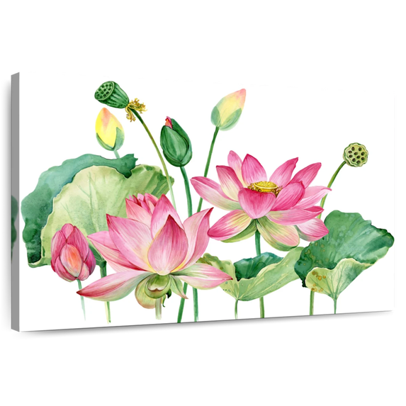 Elephant Stock Cluster Of Pink Lotus Wall Art - Horizontal Canvas Wall Art - Living Room Wall Decor - Floral And Botanical Canvas - White And Pink Decor - 39" x 26"