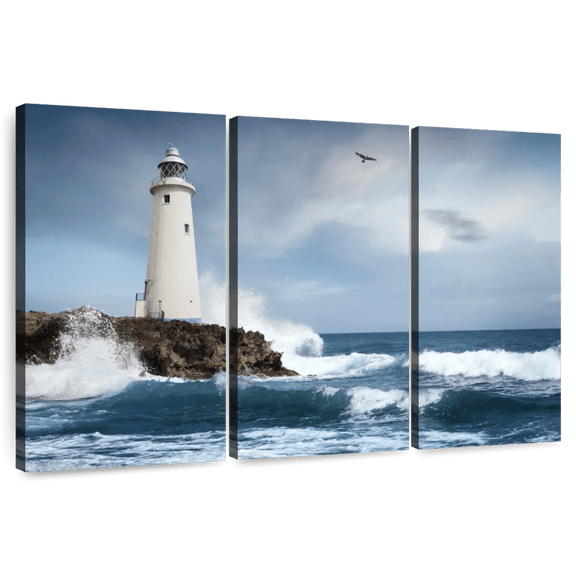 Elephant Stock Coastal White Lighthouse Wall Art - Horizontal Multi Panel Canvas - Living Room Wall Decor - Nautical Multi Panel - Gray And Blue Decor - 74" x 48"