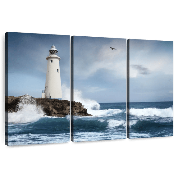 Elephant Stock Coastal White Lighthouse Wall Art - Horizontal Multi Panel Canvas - Living Room Wall Decor - Nautical Multi Panel - Gray And Blue Decor - 74" x 48"
