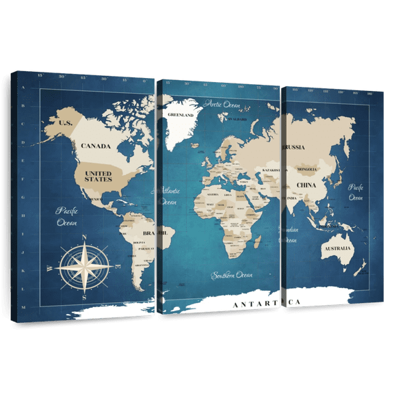 Elephant Stock Cobalt World Map Wall Art - Horizontal Multi Panel Canvas - Living Room Wall Decor - Map Multi Panel - Blue And Beige Decor - 74" x 48"