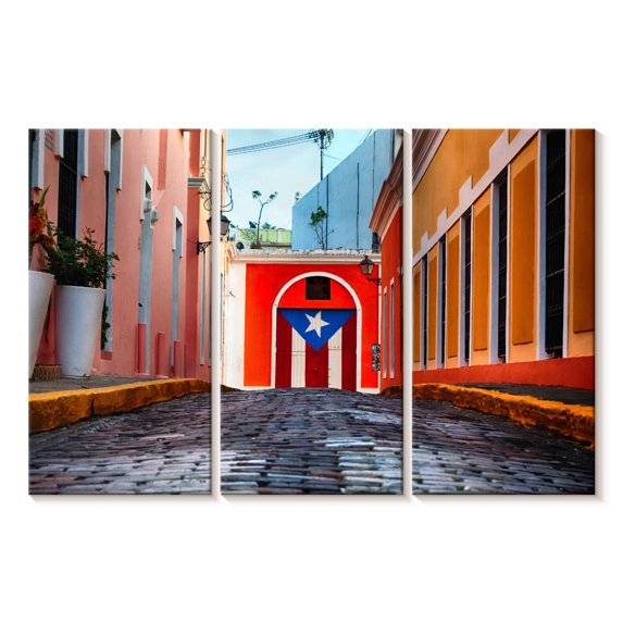 Elephant Stock Cobblestone Street In Old San Juan Wall Art - Horizontal Multi Panel Canvas - Living Room Wall Decor - Flags Multi Panel - Red And Pink Decor By George Oze - 65" x 42"