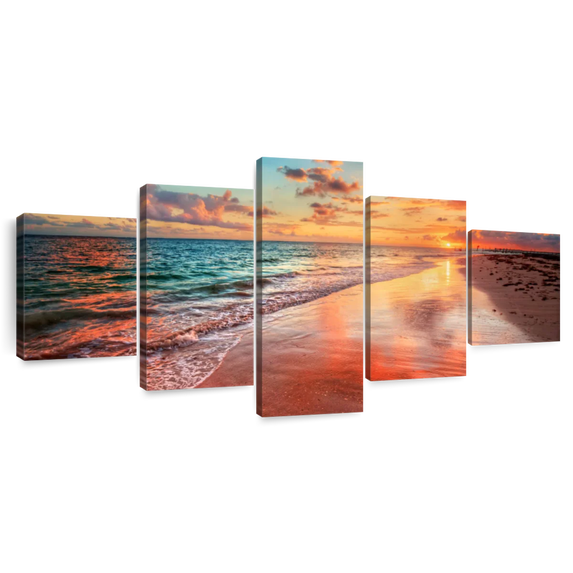Elephant Stock Colorful Beach Scene Wall Art - Horizontal Multi Panel Canvas - Living Room Wall Decor - Beach Multi Panel - Brown And Orange Decor - 68" x 30"