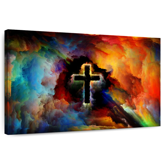 Elephant Stock Colorful Cross Wall Art - Horizontal Canvas Wall Art - Living Room Wall Decor - Religion And Spirituality Canvas - Black And Orange Decor - 39" x 26"