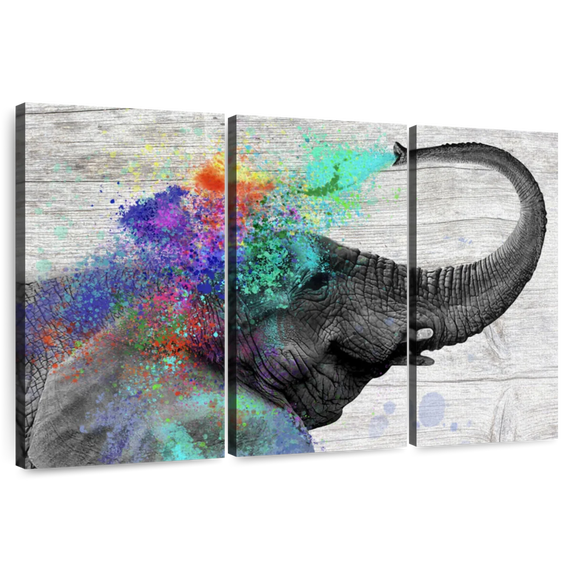 Elephant Stock Colorful Elephant Splash Wall Art - Horizontal Multi Panel Canvas - Living Room Wall Decor - Animal Multi Panel - Gray And Turquoise Decor - 33" x 20"