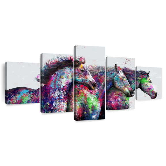 Elephant Stock Colorful Horses Wall Art - Horizontal Multi Panel Canvas - Living Room Wall Decor - Animal Multi Panel - White And Pink Decor - 68" x 30"