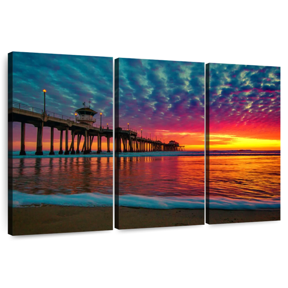 Elephant Stock Colorful Huntington Dock Wall Art - Horizontal Multi Panel Canvas - Living Room Wall Decor - Nautical Multi Panel - Orange And Red Decor - 57" x 36"