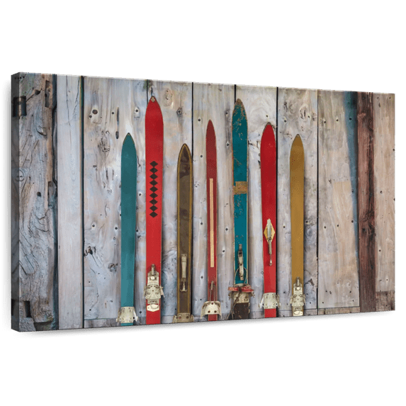 Elephant Stock Colorful Rustic Skis Wall Art - Horizontal Canvas Wall Art - Living Room Wall Decor - Sports Canvas - Brown And Teal Decor - 48" x 32"