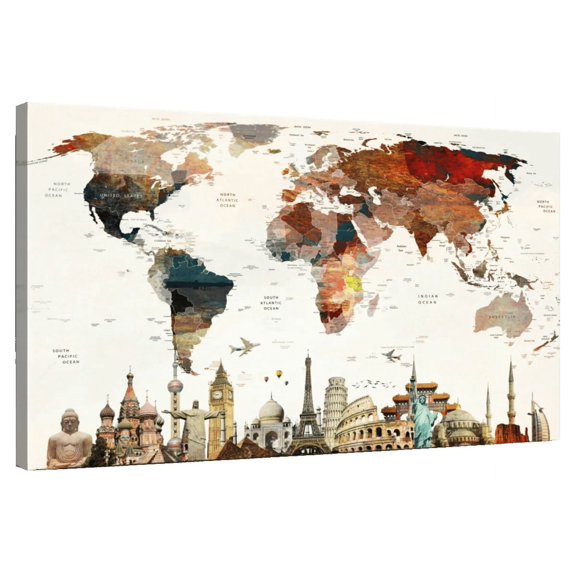 Elephant Stock Colorful Stains World Map Wall Art - Horizontal Canvas Wall Art - Living Room Wall Decor - Map Canvas - Red And White Decor - 12" x 8"